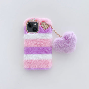 Fluffy Colorful Case with Heart Keychain Back Cover for Apple iPhone 15
