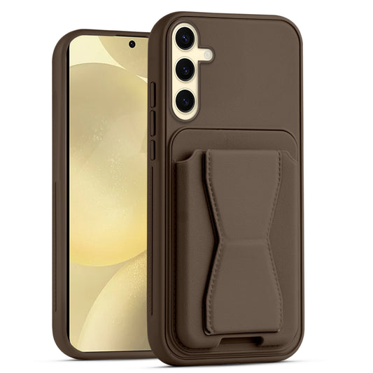 All in One Premium Leather Back Cover for Samsung S25 5G with Card Slot & Foldable Grip Holder