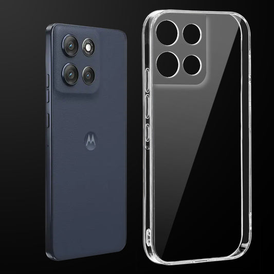 Transparent anti-yellow hard back case fitted on Motorola G86 Power 5G showing full back coverage and camera protection