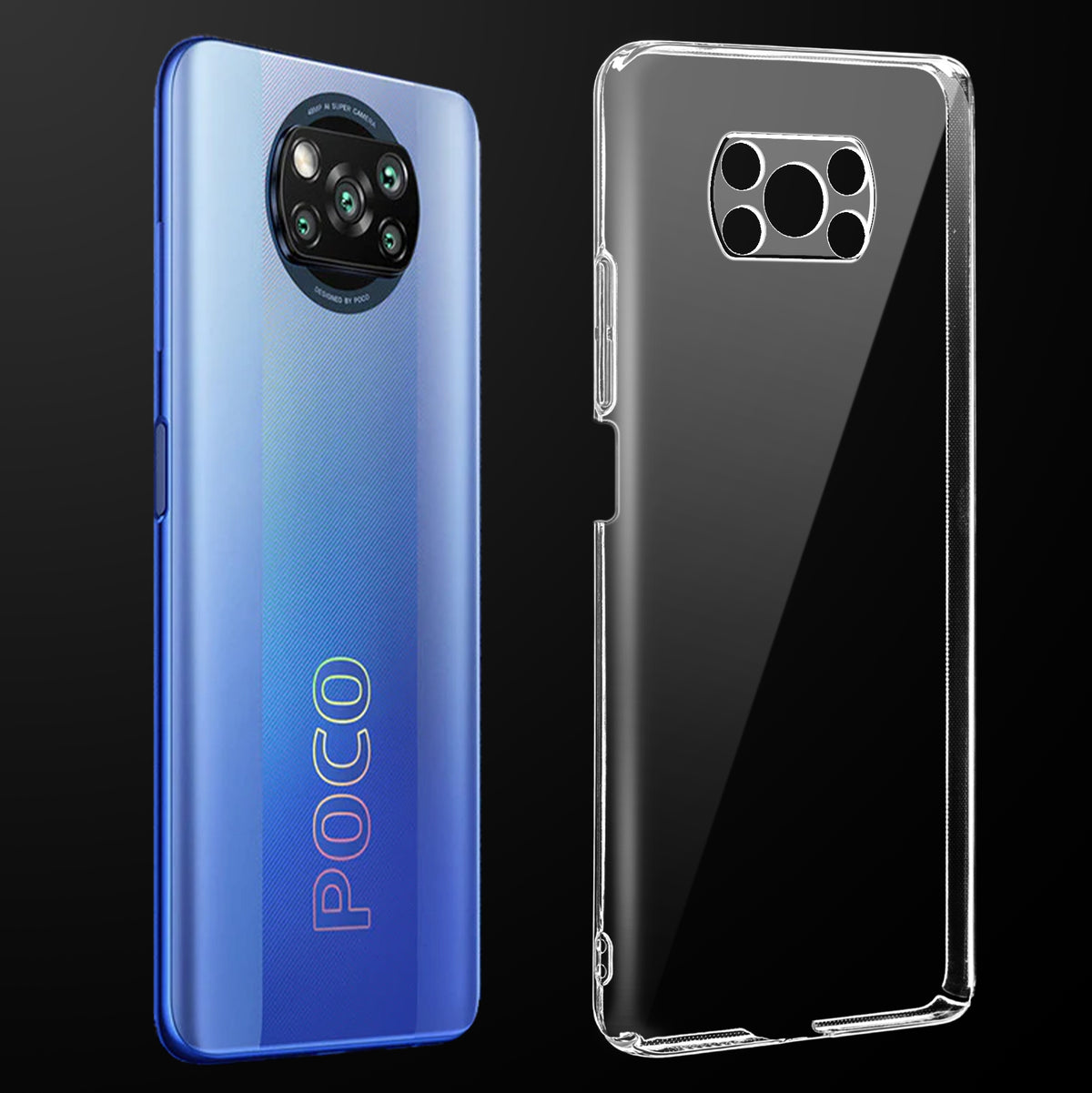 Transparent anti-yellow hard back case fitted on Poco X3 Pro 4G showing full back coverage and camera protection
