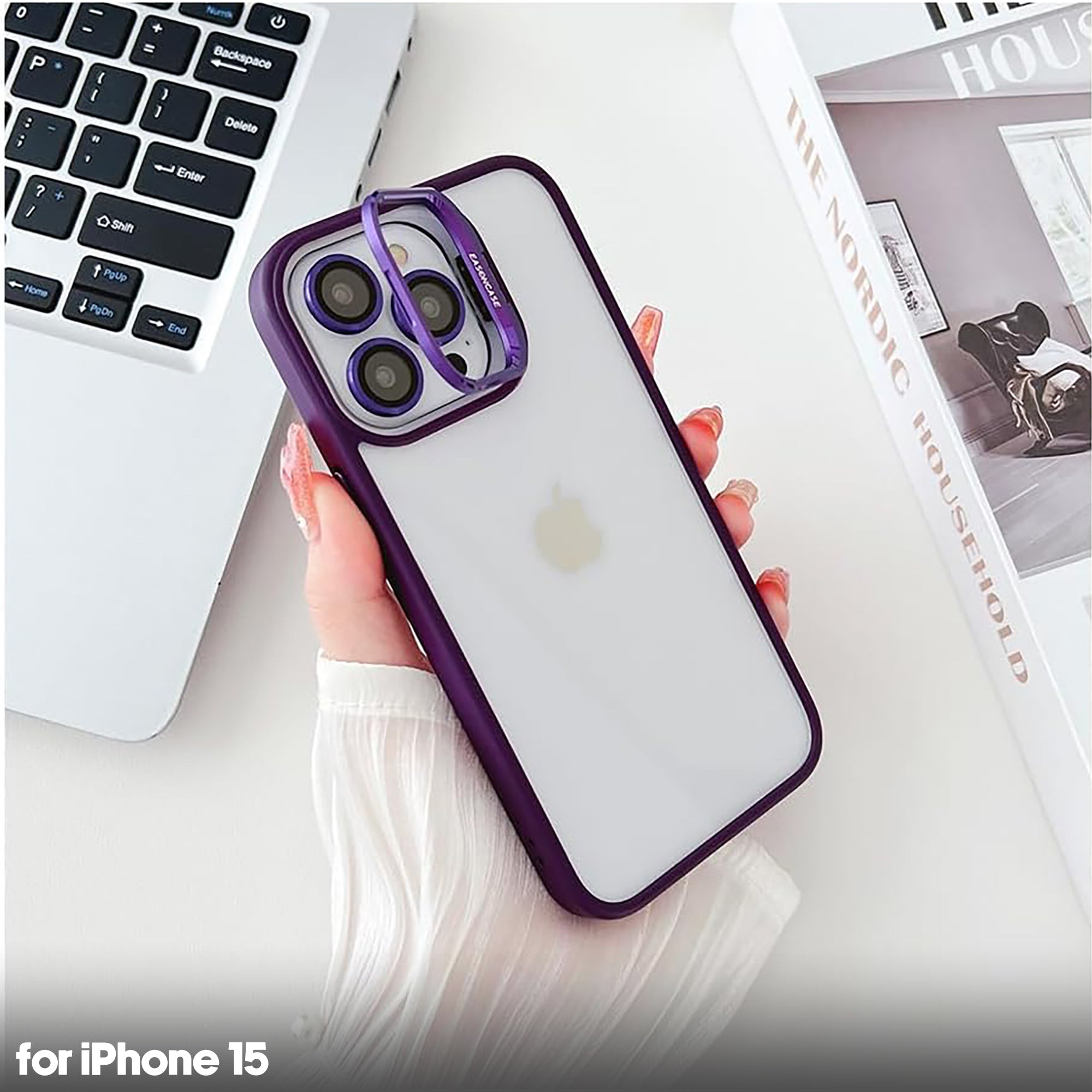 Transparent case with camera ring stand lens protector Back cover for Apple iPhone 15