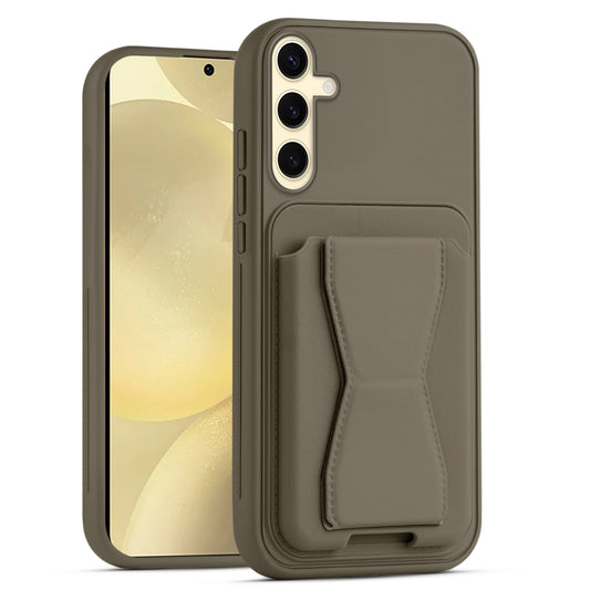 All in One Premium Leather Back Cover for Samsung S25 5G with Card Slot & Foldable Grip Holder