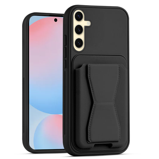 All in One Premium Leather Back Cover for Samsung S24 FE 5G with Card Slot & Foldable Grip Holder