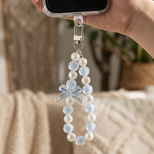 Stylish Pastel Pearl Wristlet Phone Lanyard with Minimal Bow Charm
