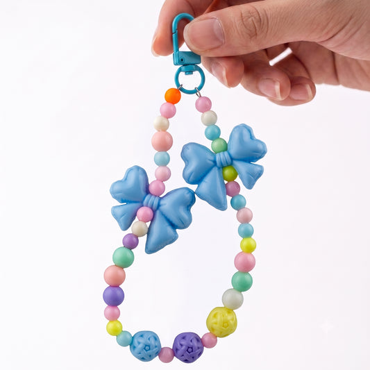 Dual Bow Beaded Phone Charm Strap with Colorful Beads
