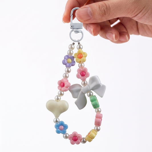 Multi Flowers Big Bow Heart Beaded Phone Charm Strap