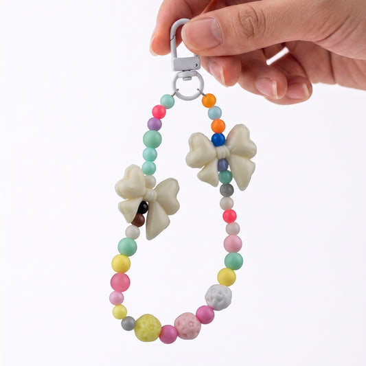 Dual Bow Beaded Phone Charm Strap with Colorful Beads