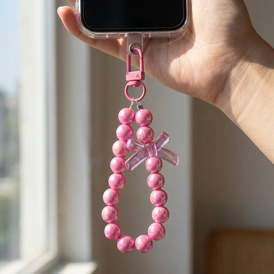 Stylish Pastel Pearl Wristlet Phone Lanyard with Minimal Bow Charm