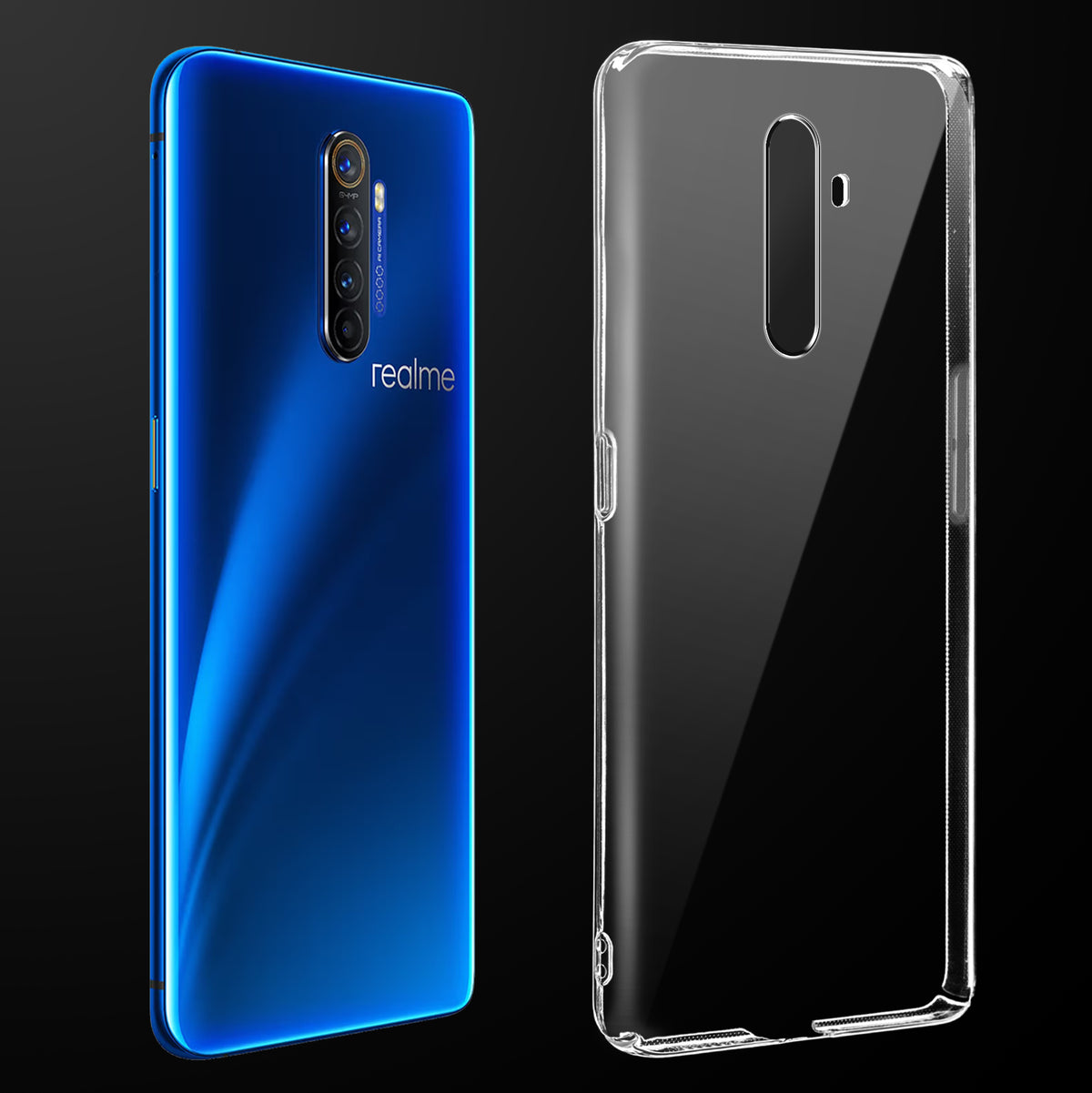 Transparent anti-yellow hard back case fitted on Realme X2 Pro showing full back coverage and camera protection
