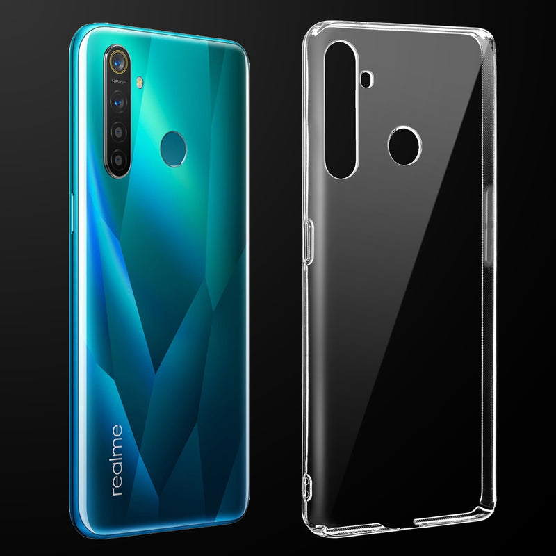 Transparent anti-yellow hard back case fitted on Realme 5 Pro showing full back coverage and camera protection