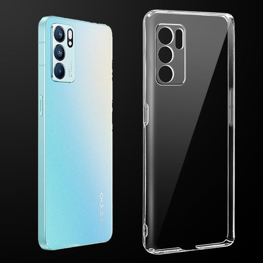 Transparent anti-yellow hard back case fitted on Oppo Reno 6 Pro 5G showing full back coverage and camera protection