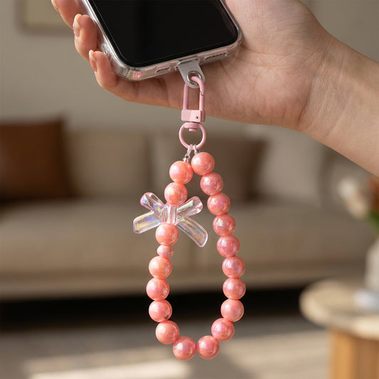 Stylish Pastel Pearl Wristlet Phone Lanyard with Minimal Bow Charm