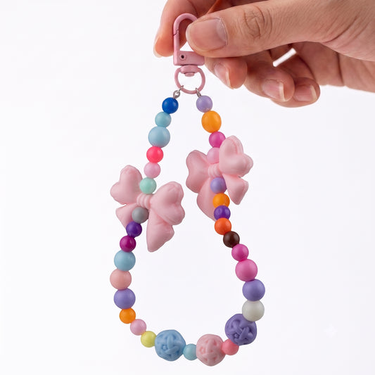 Dual Bow Beaded Phone Charm Strap with Colorful Beads