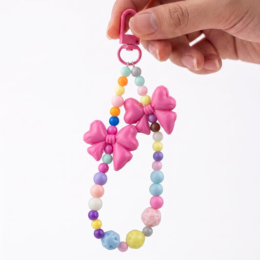 Dual Bow Beaded Phone Charm Strap with Colorful Beads