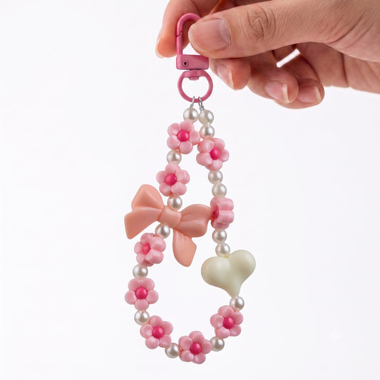 Multi Flowers Big Bow Heart Beaded Phone Charm Strap