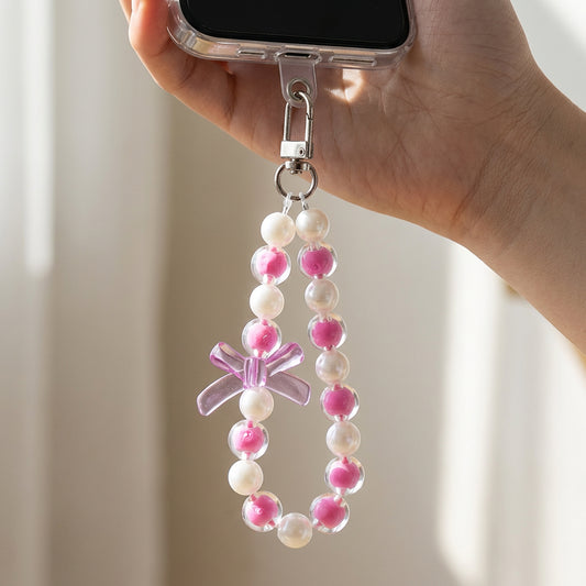 Stylish Pastel Pearl Wristlet Phone Lanyard with Minimal Bow Charm