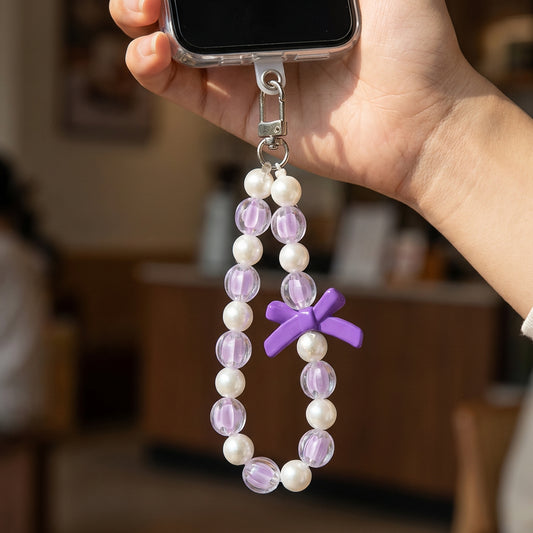 Stylish Pastel Pearl Wristlet Phone Lanyard with Minimal Bow Charm