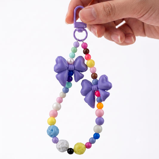 Dual Bow Beaded Phone Charm Strap with Colorful Beads