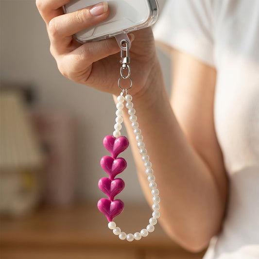 Fashionable Heart Beads with Pearl Wrist Strap for Phone & Keys