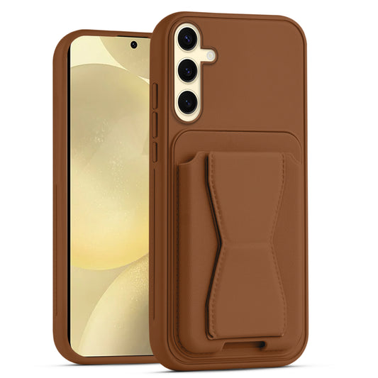 All in One Premium Leather Back Cover for Samsung S25 5G with Card Slot & Foldable Grip Holder