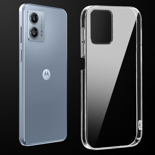 Transparent anti-yellow hard back case fitted on Motorola Moto G53 5G showing full back coverage and camera protection