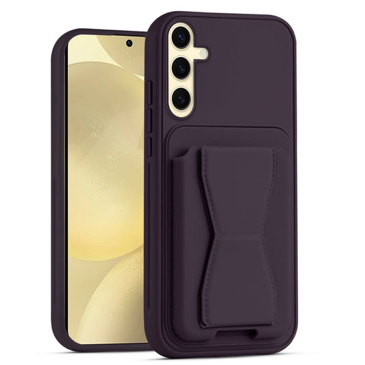 All in One Premium Leather Back Cover for Samsung S25 5G with Card Slot & Foldable Grip Holder