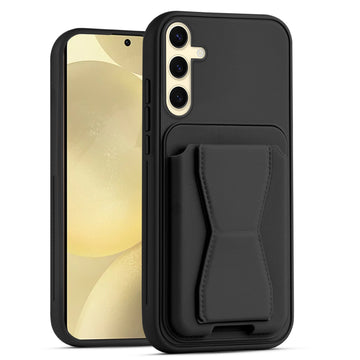 All in One Premium Leather Back Cover for Samsung S25 5G with Card Slot & Foldable Grip Holder