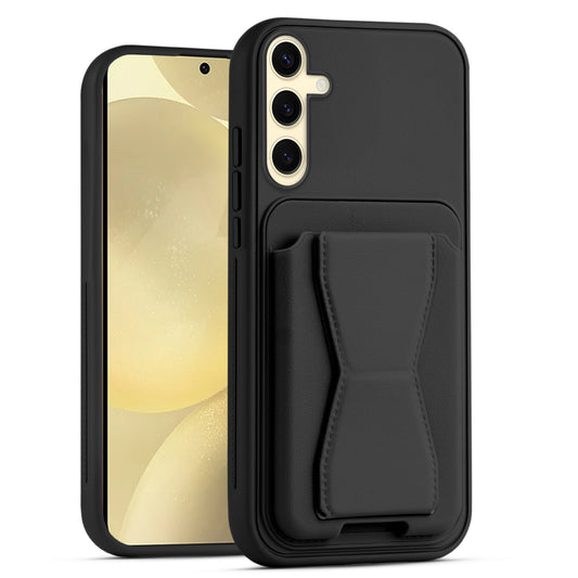 All in One Premium Leather Back Cover for Samsung S25 5G with Card Slot & Foldable Grip Holder