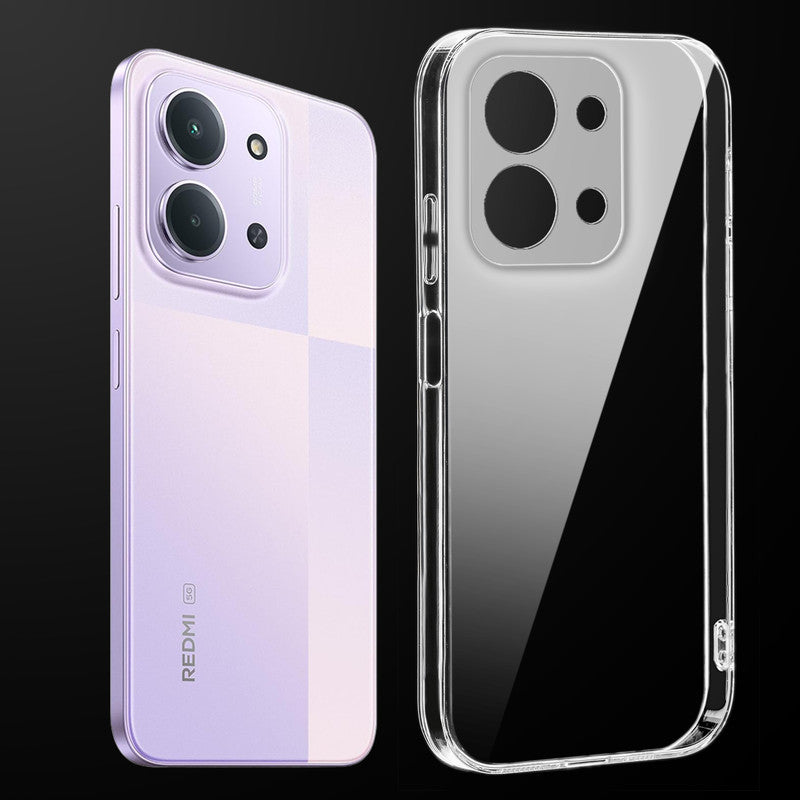 Transparent anti-yellow hard back case fitted on Redmi 15C 5G showing full back coverage and camera protection