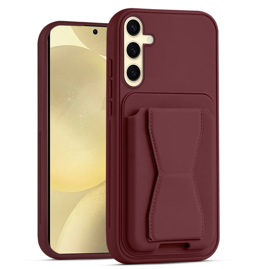 All in One Premium Leather Back Cover for Samsung S25 5G with Card Slot & Foldable Grip Holder