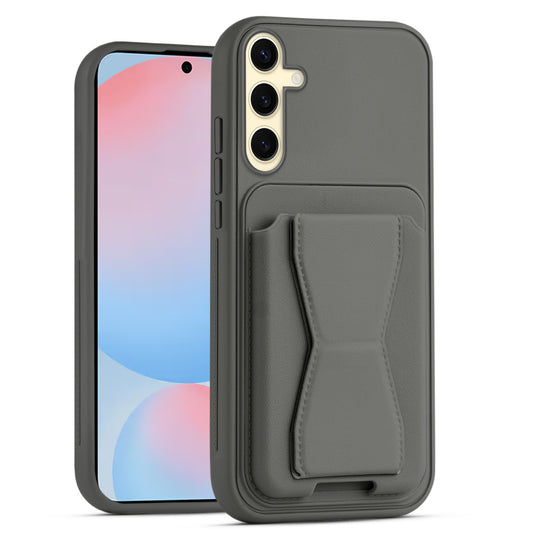 All in One Premium Leather Back Cover for Samsung S24 FE 5G with Card Slot & Foldable Grip Holder