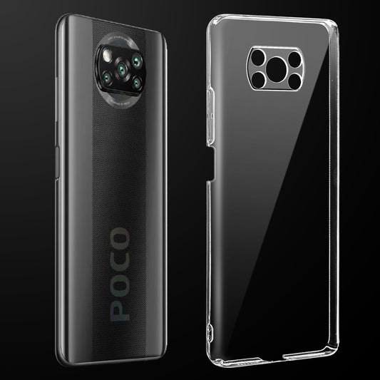Transparent anti-yellow hard back case fitted on Poco X3 4G showing full back coverage and camera protection