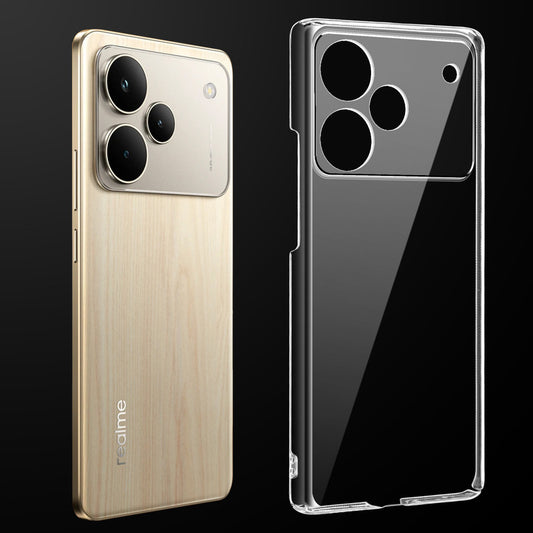 Transparent anti-yellow hard back case fitted on Realme P4 Pro 5G showing full back coverage and camera protection