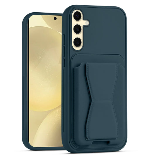 All in One Premium Leather Back Cover for Samsung S25 5G with Card Slot & Foldable Grip Holder