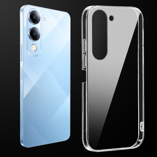 Transparent anti-yellow hard back case fitted on Vivo T4 Lite 5G showing full back coverage and camera protection