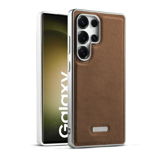Sophisticated Leather Cover for Samsung S23 Ultra 5G with Shiny Silver Edges, Stitched Back Design & Hard Shell Protection