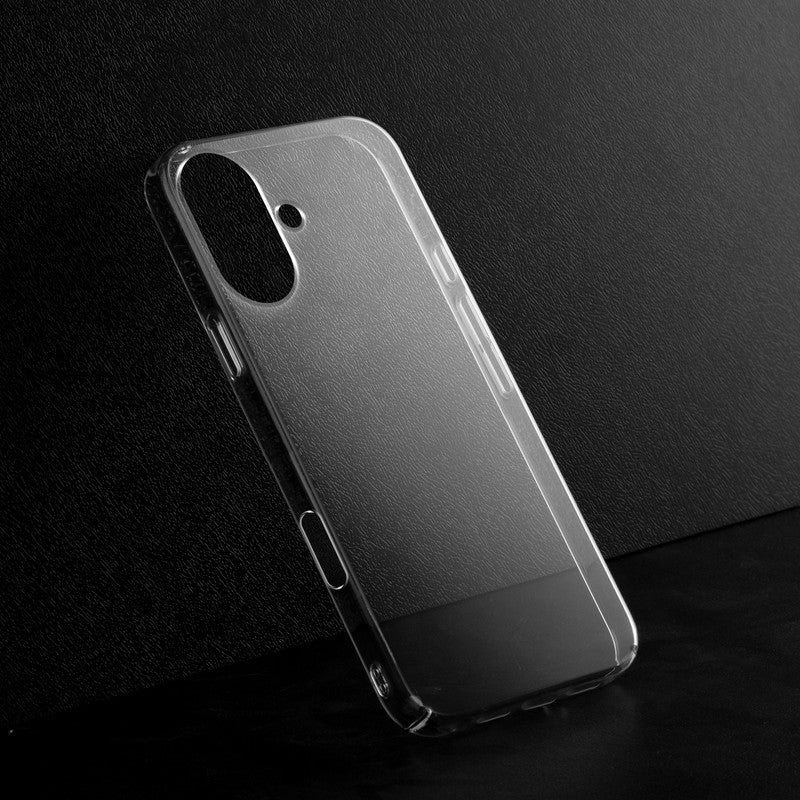 Crystal clear anti-yellow hard back case for Apple iPhone 17 placed on surface showing slim profile and precise camera cutouts