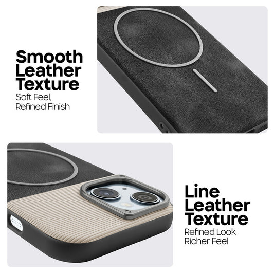 Premium Leather Wireless Charging Support Cover for Apple iPhone 15 with Metal Camera Frame & Soft Microfiber Interior
