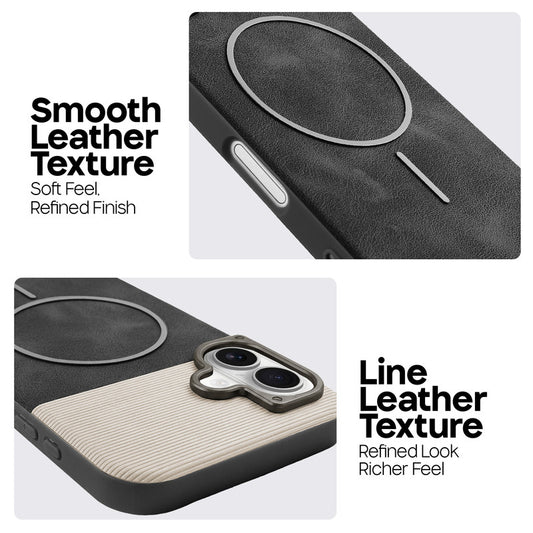 Premium Leather Wireless Charging Support Cover for Apple iPhone 16 with Metal Camera Frame & Soft Microfiber Interior