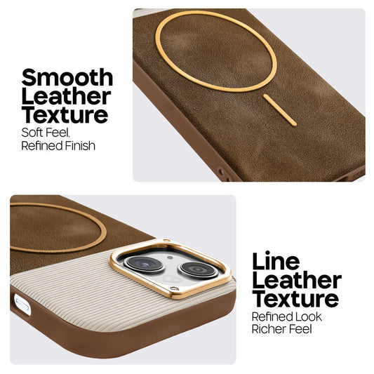 Premium Leather Wireless Charging Support Cover for Apple iPhone 13 with Metal Camera Frame & Soft Microfiber Interior