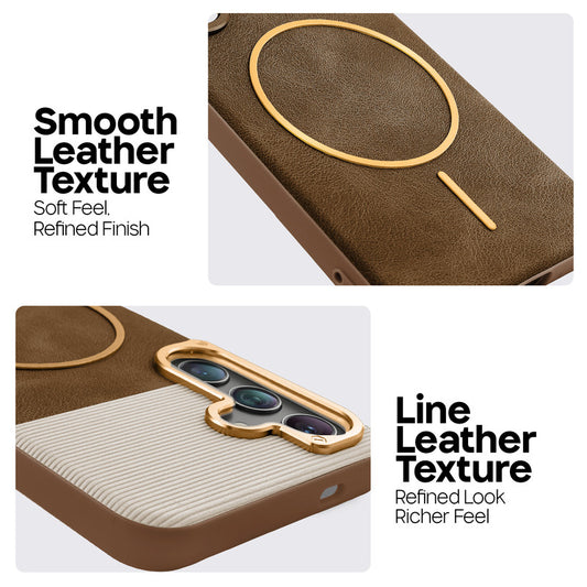 Premium Leather Wireless Charging Support Cover for Samsung S25 5G with Metal Camera Frame & Soft Microfiber Interior