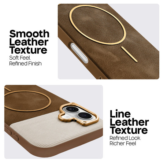 Premium Leather Wireless Charging Support Cover for Apple iPhone 16 with Metal Camera Frame & Soft Microfiber Interior