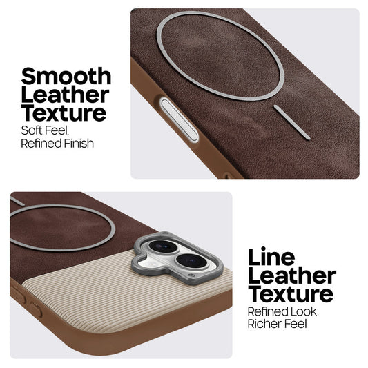 Premium Leather Wireless Charging Support Cover for Apple iPhone 16 with Metal Camera Frame & Soft Microfiber Interior