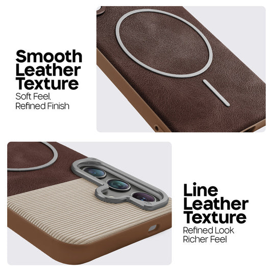 Premium Leather Wireless Charging Support Cover for Samsung S24 5G with Metal Camera Frame & Soft Microfiber Interior