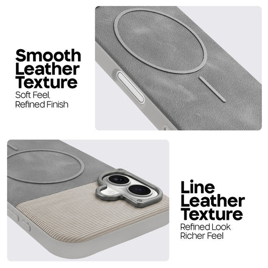 Premium Leather Wireless Charging Support Cover for Apple iPhone 16 with Metal Camera Frame & Soft Microfiber Interior