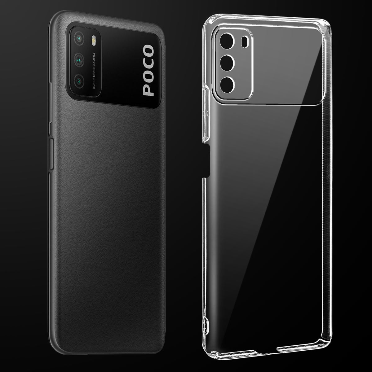 Transparent anti-yellow hard back case fitted on Poco M3 4G showing full back coverage and camera protection