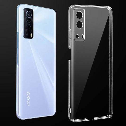 Transparent anti-yellow hard back case fitted on iQOO Z3 5G showing full back coverage and camera protection