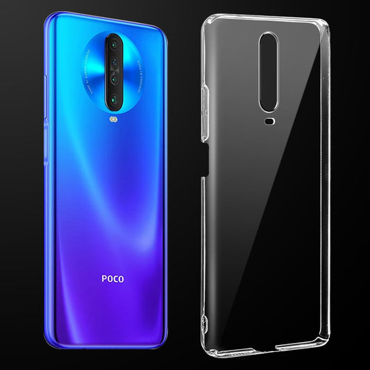 Transparent anti-yellow hard back case fitted on Poco X2 showing full back coverage and camera protection
