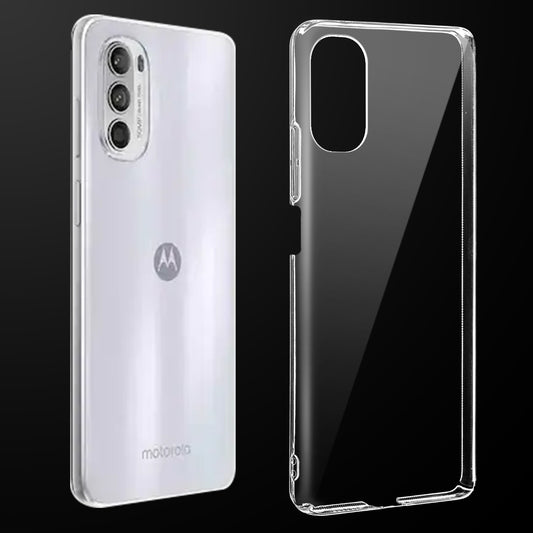Transparent anti-yellow hard back case fitted on Motorola Moto G52 showing full back coverage and camera protection