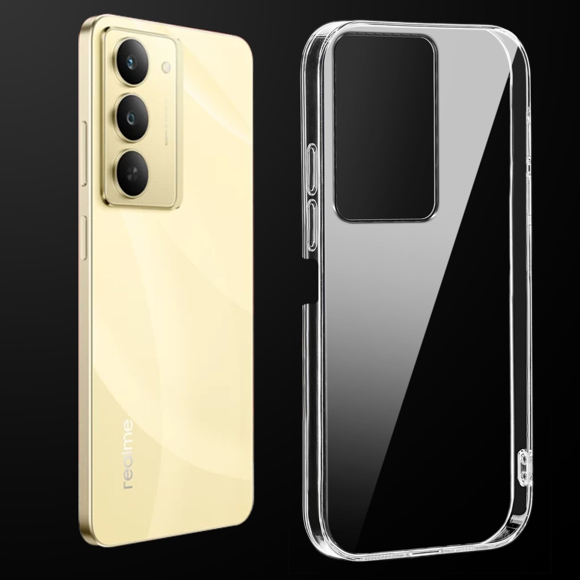 Transparent anti-yellow hard back case fitted on Realme 14X 5G showing full back coverage and camera protection